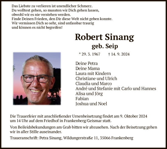 Traueranzeige von Robert Sinang von HNA