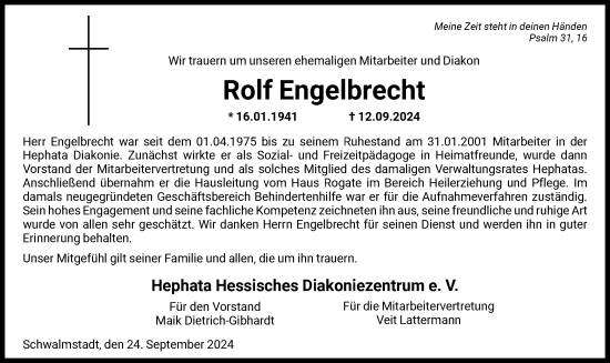 Traueranzeige von Rolf Engelbrecht von HNA