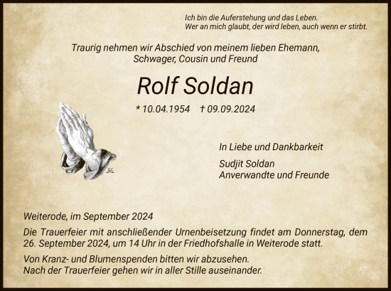 Traueranzeige von Rolf Soldan von HNA