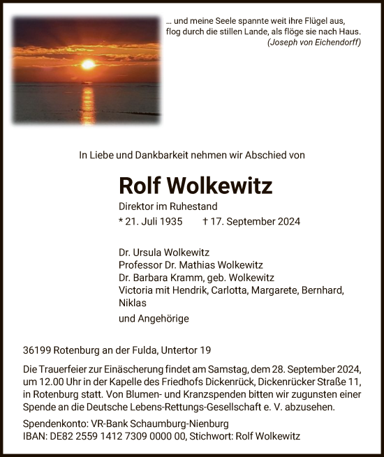 Traueranzeige von Rolf Wolkewitz von HNAHNA