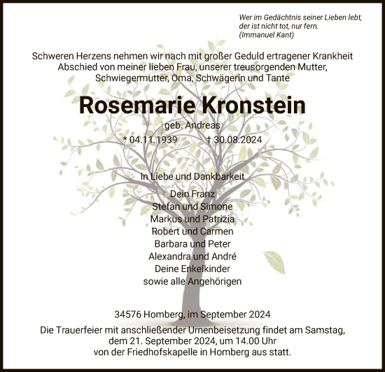 Traueranzeige von Rosemarie Kronstein von HNA