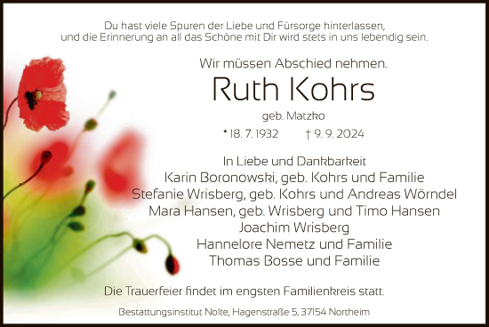 Traueranzeige von Ruth Kohrs von HNA