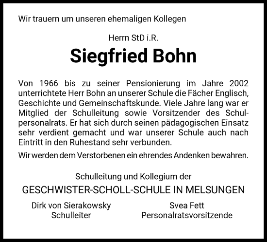 Traueranzeige von Siegfried Bohn von HNA