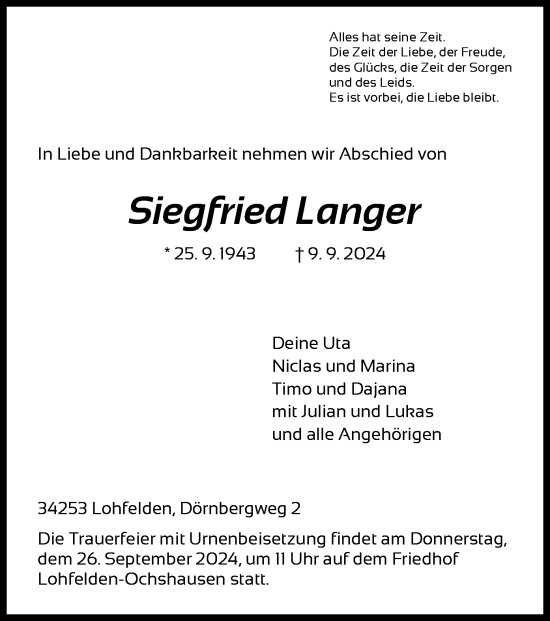 Traueranzeige von Siegfried Langer von HNA