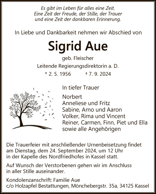 Traueranzeige von Sigrid Aue von HNA