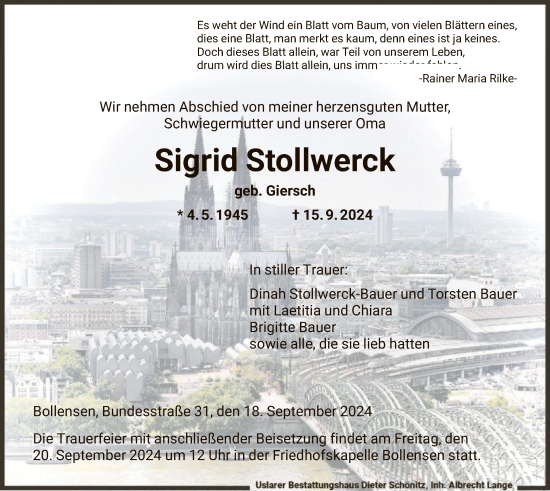 Traueranzeige von Sigrid Stollwerck von HNA