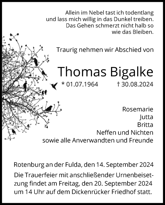 Traueranzeige von Thomas Bigalke von HNA