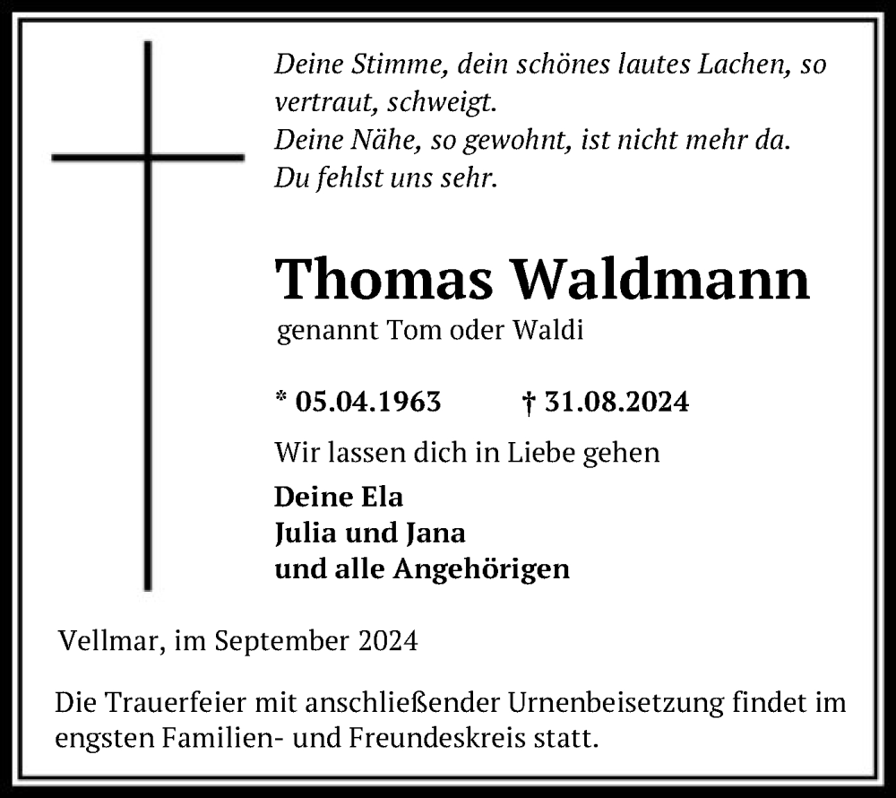  Traueranzeige für Thomas Waldmann vom 07.09.2024 aus HNA