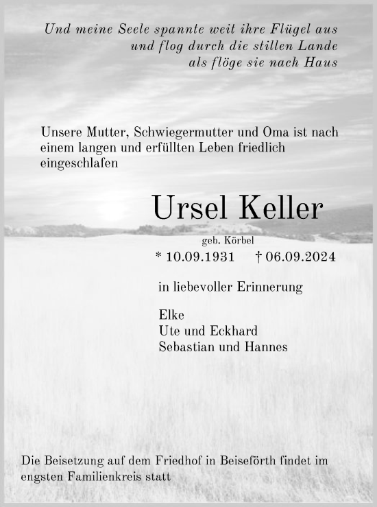 Traueranzeige von Ursel Keller von HNA