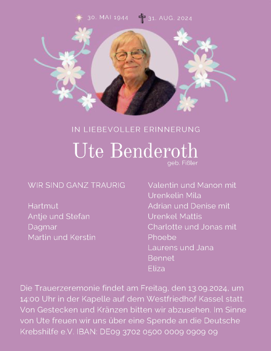 Traueranzeige von Ute Benderoth von HNA