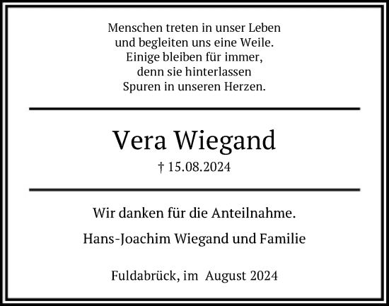 Traueranzeige von Vera Wiegand von HNA