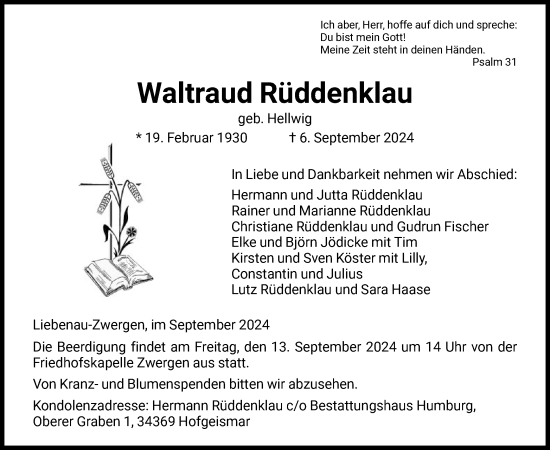 Traueranzeige von Waltraud Rüddenklau von HNA