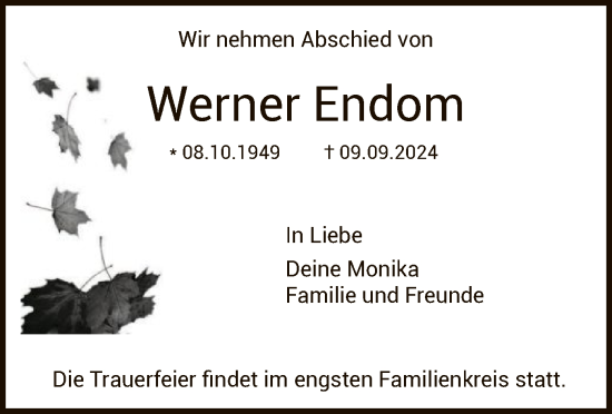 Traueranzeige von Werner Endom von HNA