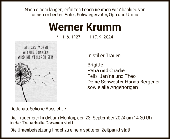 Traueranzeige von Werner Krumm von HNA