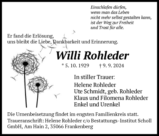 Traueranzeige von Willi Rohleder von HNA