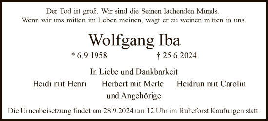 Traueranzeige von Wolfgang Iba von HNA