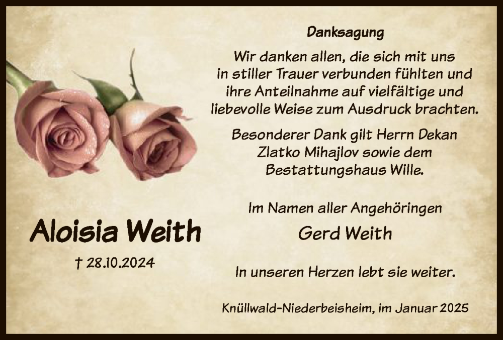  Traueranzeige für Aloisia Weith vom 10.01.2025 aus HNA