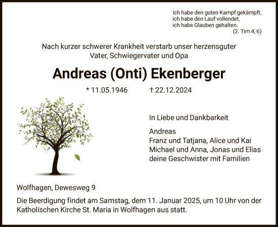 Traueranzeige von Andreas Ekenberger von HNA