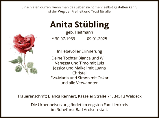 Traueranzeige von Anita Stübling von HNA