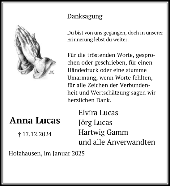 Traueranzeige von Anna Lucas von HNA
