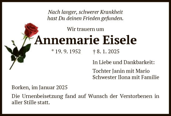 Traueranzeige von Annemarie Eisele von HNA