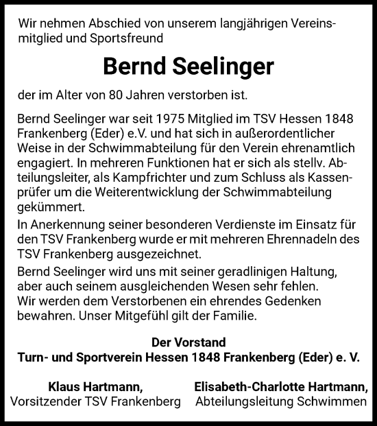 Traueranzeige von Bernd Seelinger von HNA