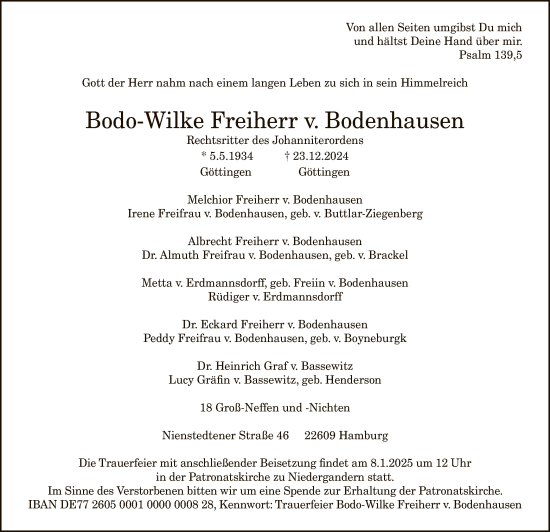 Traueranzeige von Bodo-Wilke Freiherr v. Bodenhausen von HNA