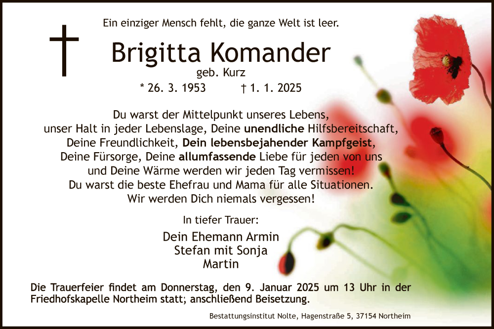 Traueranzeige für Brigitta Komander vom 04.01.2025 aus HNA