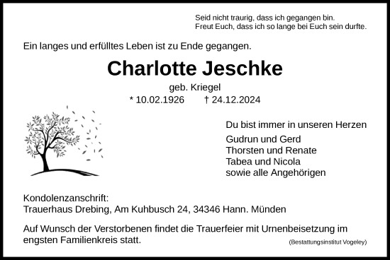 Traueranzeige von Charlotte Jeschke von HNA