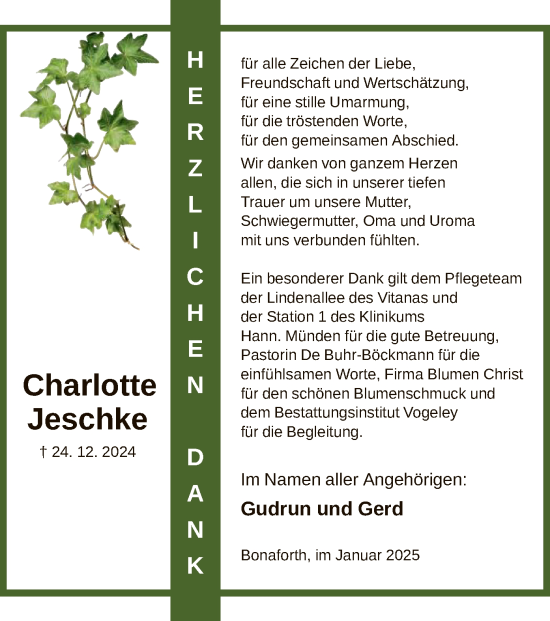 Traueranzeige von Charlotte Jeschke von HNA