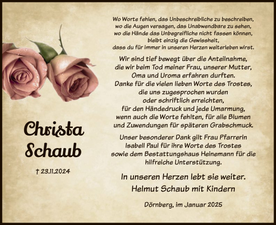 Traueranzeige von Christa Schaub von HNA