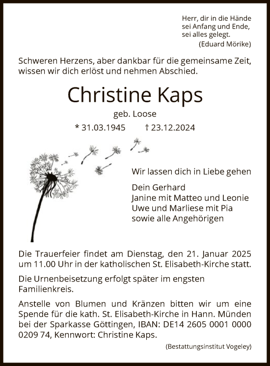 Traueranzeige von Christine Kaps von HNA