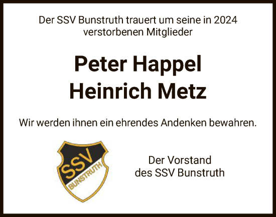 Traueranzeige von ehrendes Andenken Der SSV Bunstruth trauert um seine in 2024 von HNA