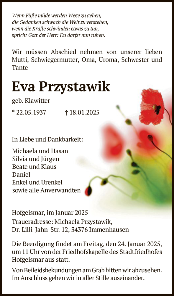  Traueranzeige für Eva Przystawik vom 22.01.2025 aus HNA