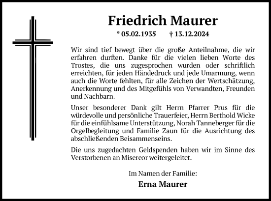 Traueranzeige von Friedrich Maurer von HNA