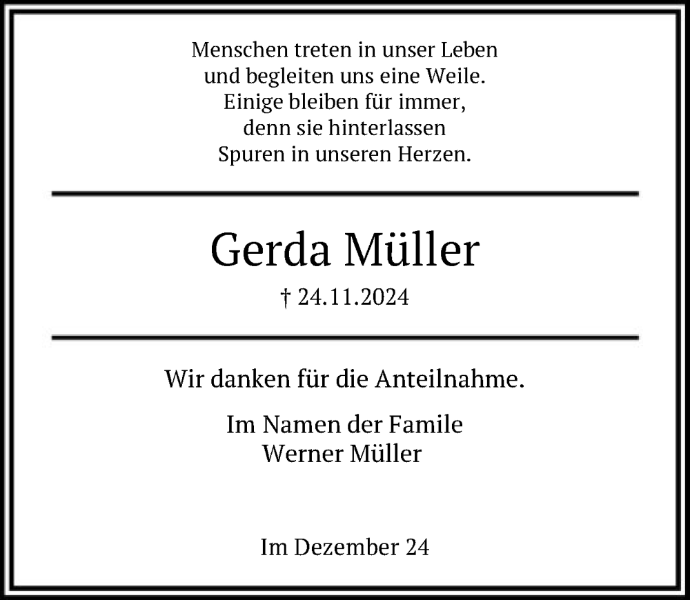  Traueranzeige für Gerda Müller vom 11.01.2025 aus HNA