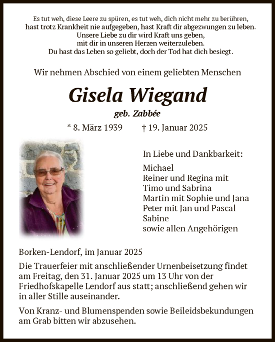 Traueranzeige von Gisela Wiegand von HNA