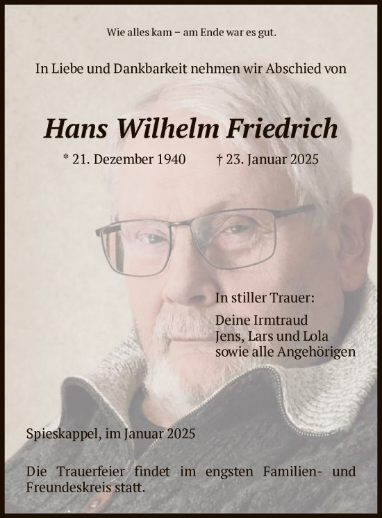 Traueranzeige von Hans Wilhelm Friedrich von HNA