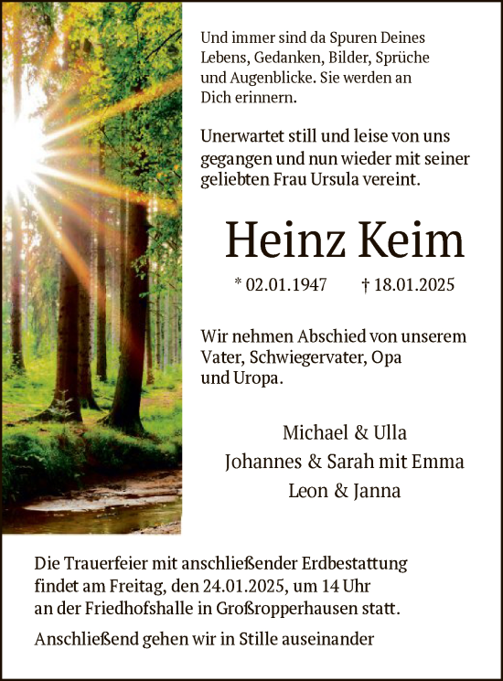 Traueranzeige von Heinz Keim von HNA