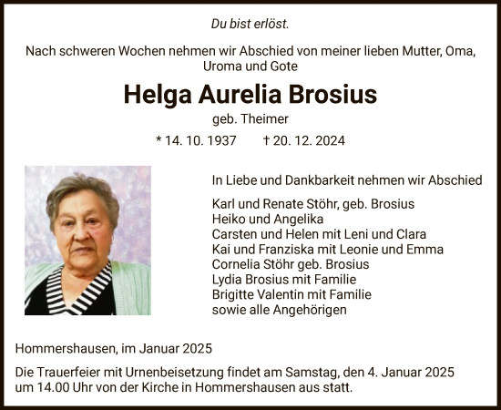 Traueranzeige von Helga Aurelia Brosius von HNA