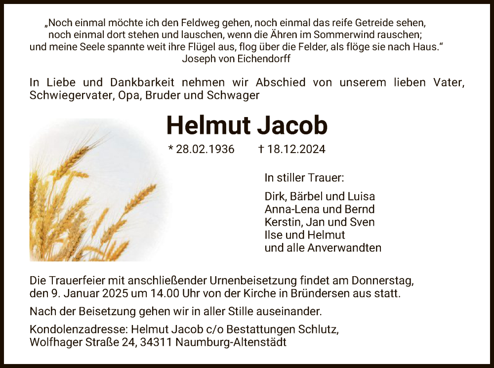  Traueranzeige für Helmut Jacob vom 04.01.2025 aus HNA