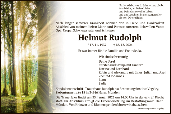 Traueranzeige von Helmut Rudolph von HNA