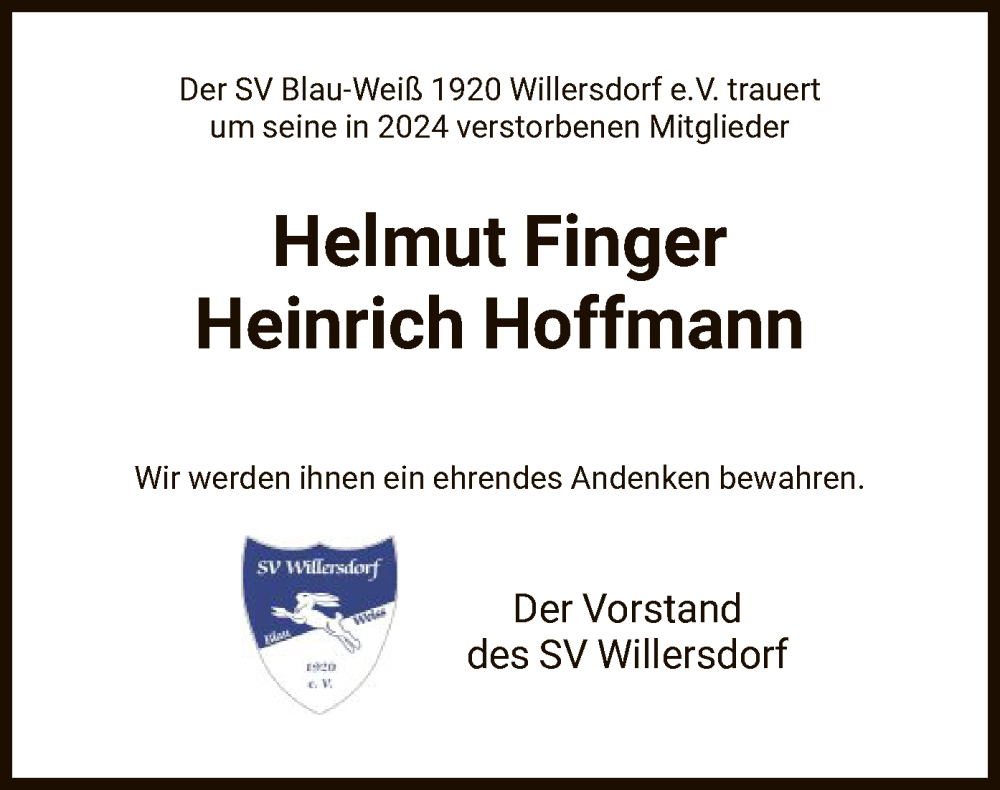  Traueranzeige für Helmut und Heinrich Finger und Hoffmann vom 18.01.2025 aus HNA