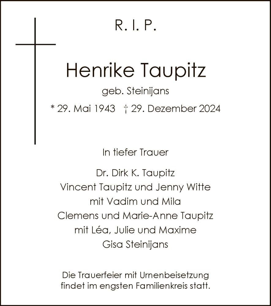  Traueranzeige für Henrike Taupitz vom 15.01.2025 aus HNA