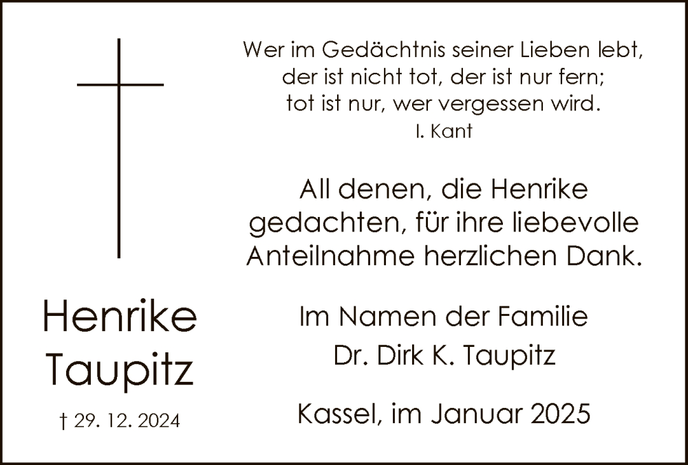  Traueranzeige für Henrike Taupitz vom 29.01.2025 aus HNA