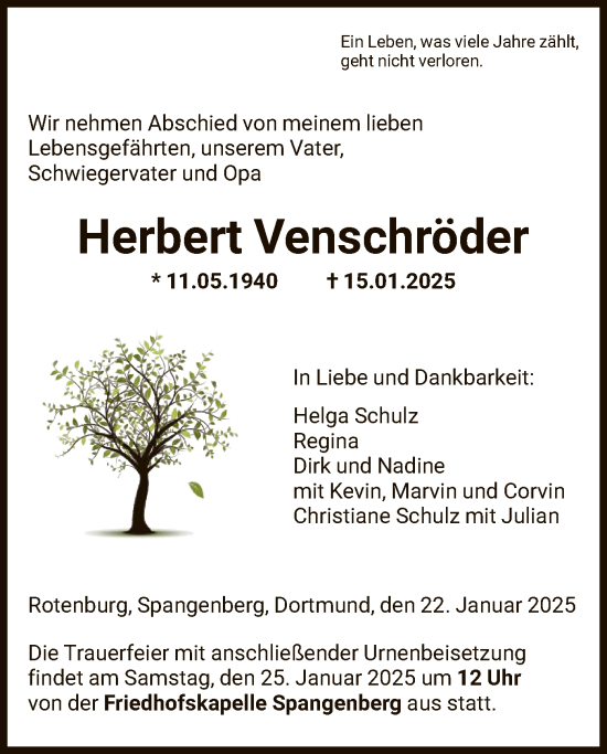 Traueranzeige von Herbert Venschröder von HNAHNA