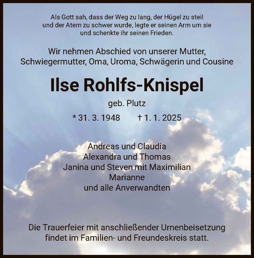  Traueranzeige für Ilse Rohlfs-Knispel vom 25.01.2025 aus HNA