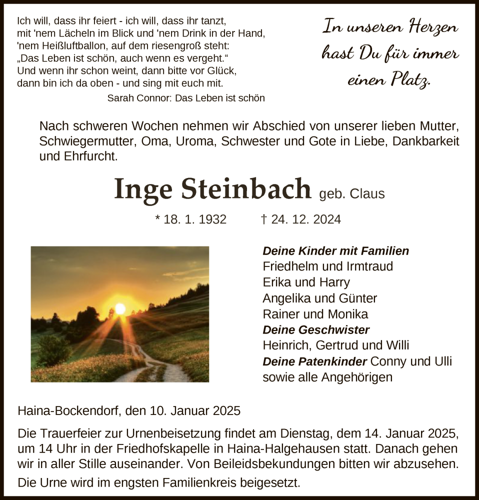  Traueranzeige für Inge Steinbach vom 10.01.2025 aus HNA