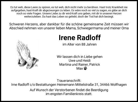 Traueranzeige von Irene Radloff von HNA