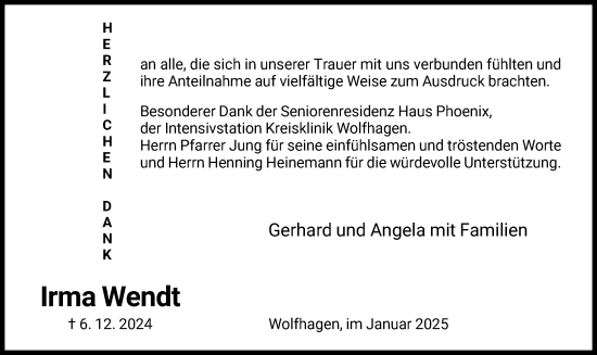 Traueranzeige von Irma Wendt von HNA